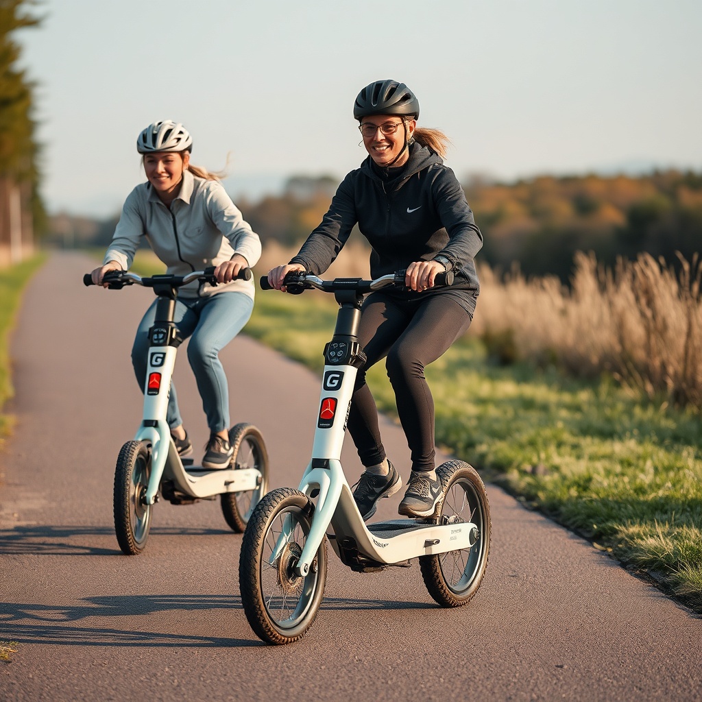 <clean photorealistic photo/illustration showing three different riders on a Golden Techno