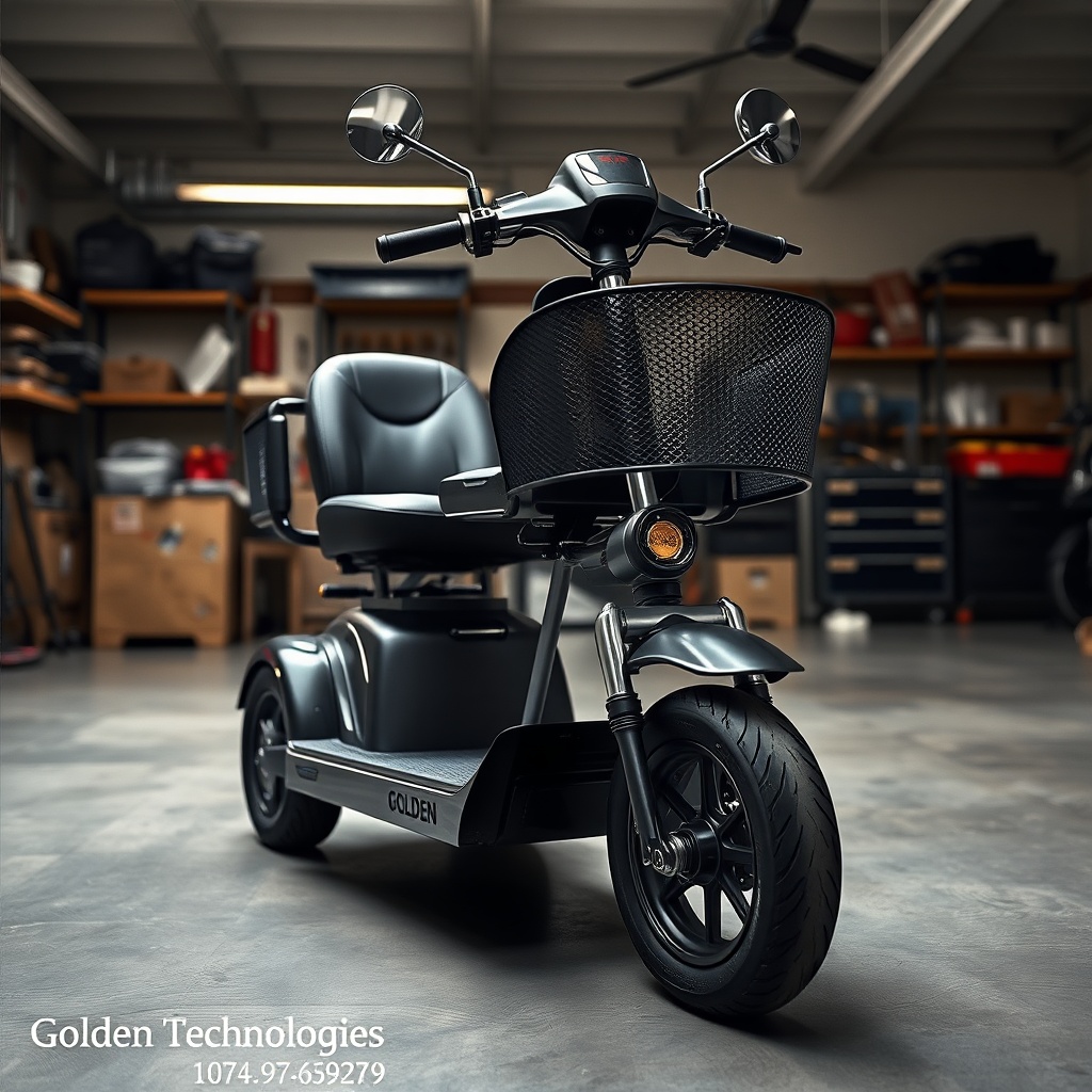 A photorealistic 16:9 image of a Golden Technologies Buzzaround scooter viewed in a well-l