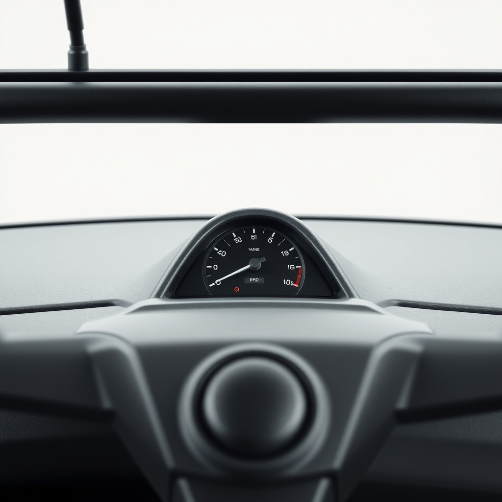 A photorealistic 16:9 close-up image of the Buzzaround’s tiller dashboard and finish textu
