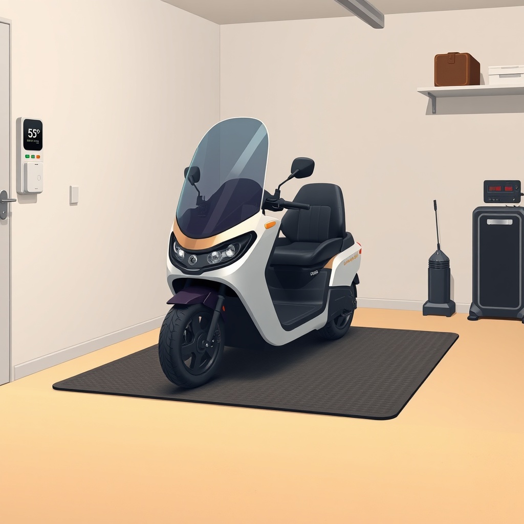 A clean photorealistic illustration of a Golden Technologies Buzzaround parked on a rubber