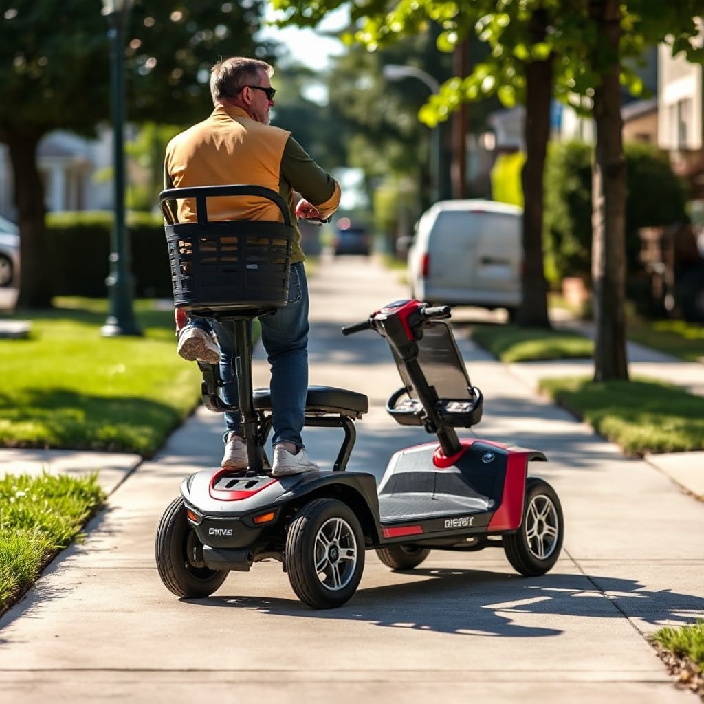 A side-view of a Drive Medical Scout on a suburban sidewalk