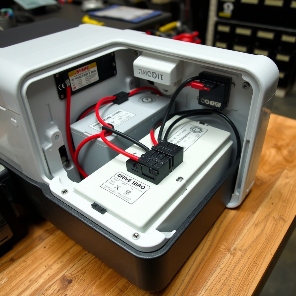 A close-up of a Drive Medical Scout’s battery compartment showing two SLA batteries connec