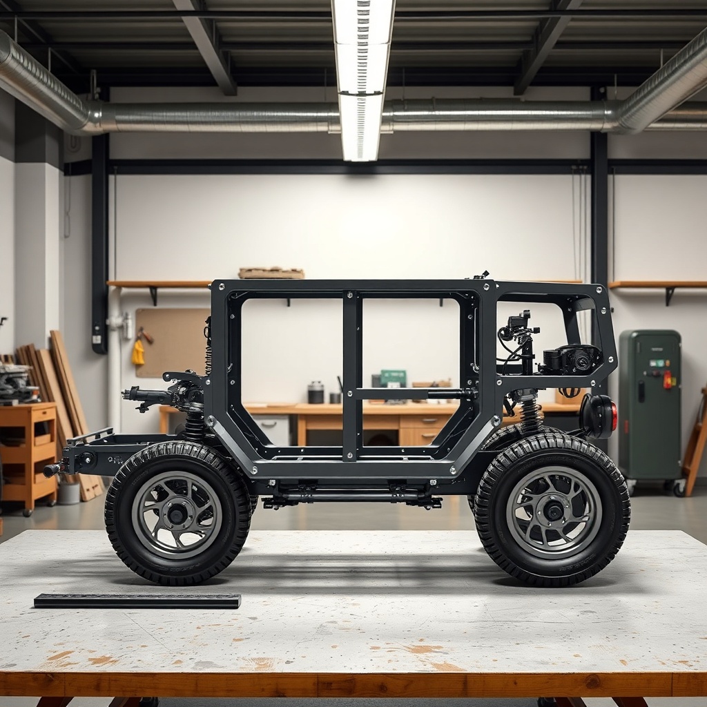 A photorealistic photo of the Drive Medical Scout's steel frame disassembled on a clean wo