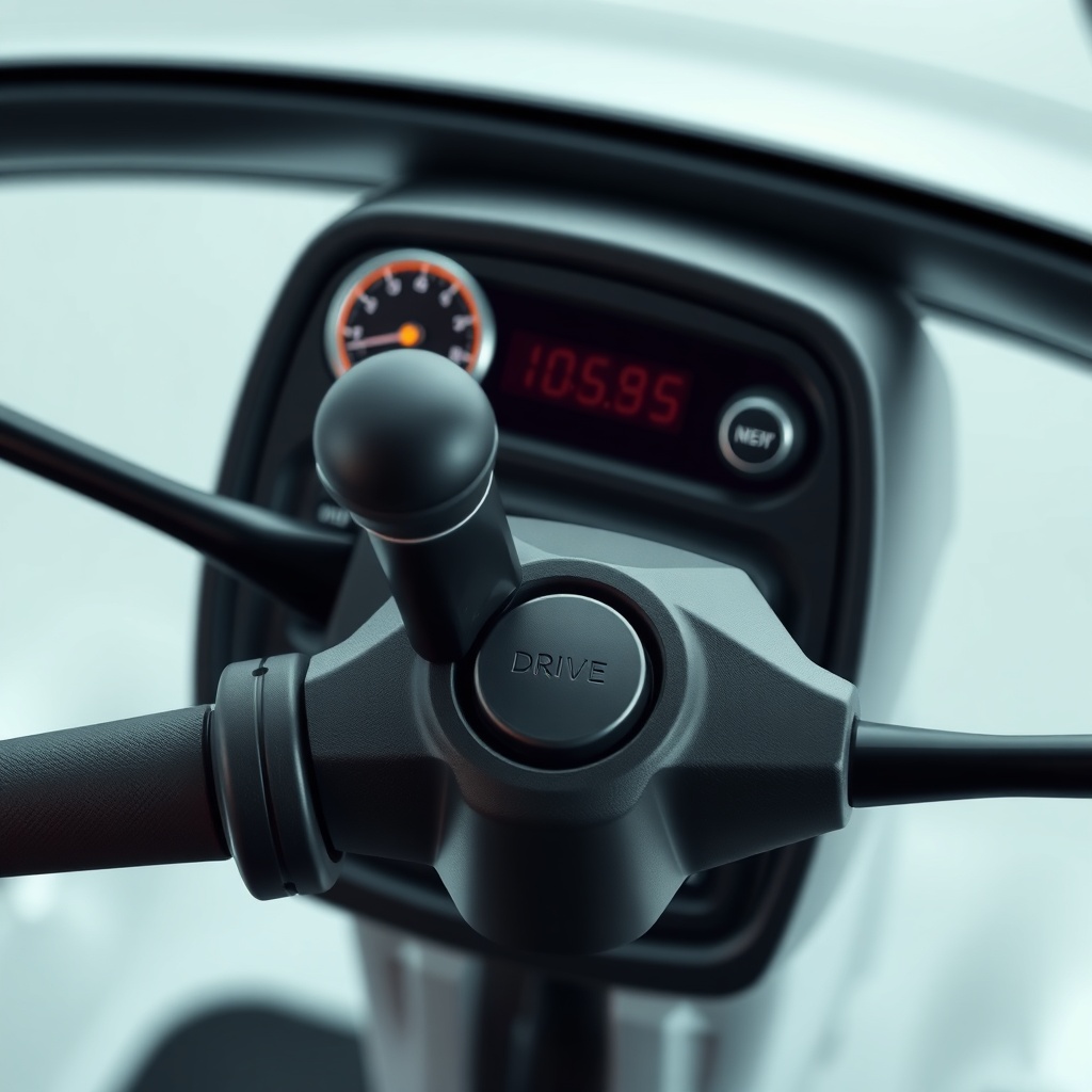A photorealistic close-up photo of the Drive Medical Scout's control console and tiller