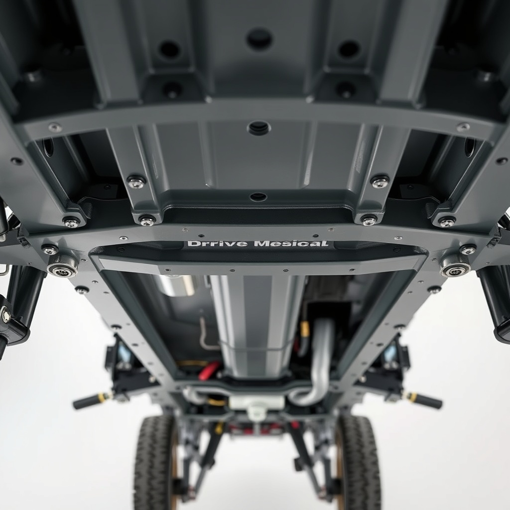 A clean photorealistic shot of the Drive Medical Scout frame underside showing welded join