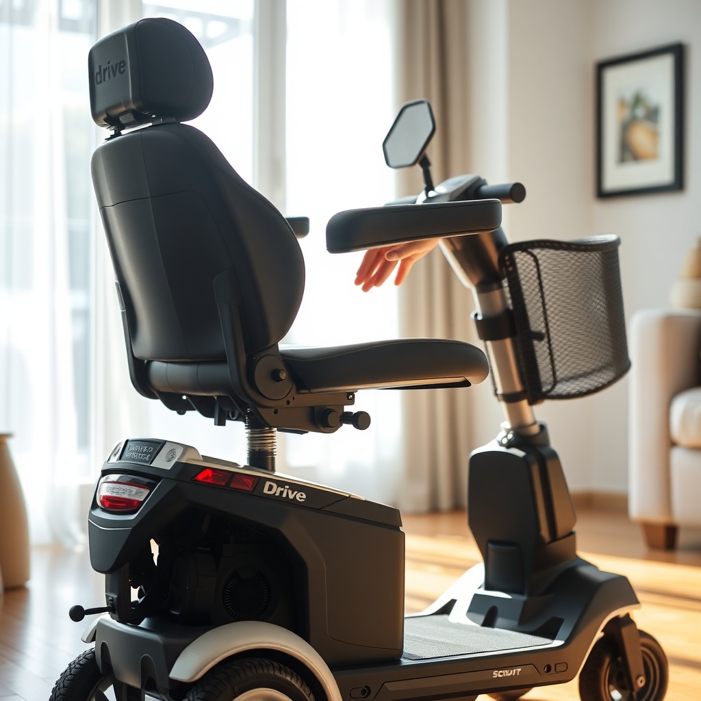 A photorealistic photo of a Drive Medical Scout mobility scooter in a sunlit living room