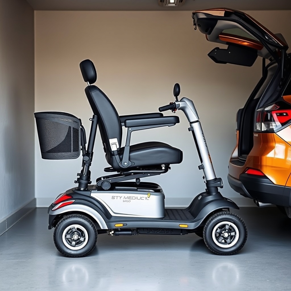 A photorealistic photo of a Drive Medical Scout being folded in a garage