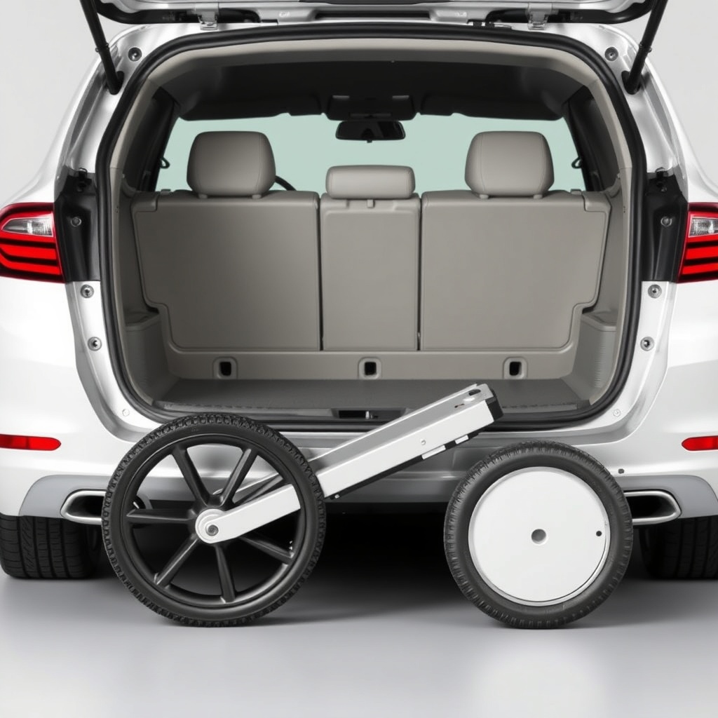 A photorealistic side-profile photo of the Drive Medical Scout in its fully folded state