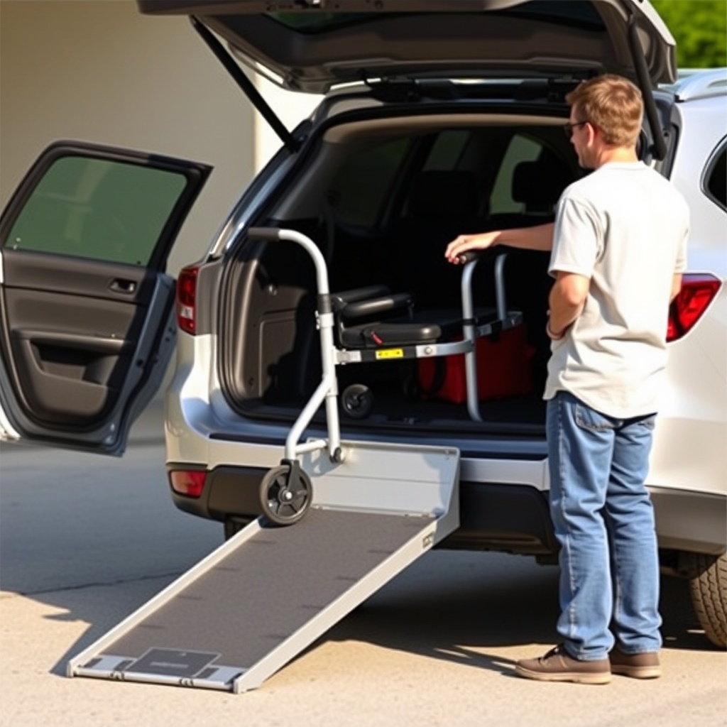 A photorealistic photo of a Drive Medical Scout being loaded into the trunk of a silver se