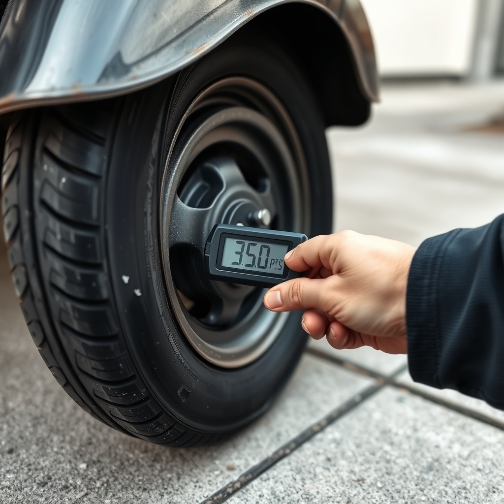 A photorealistic close-up of a Drive Medical Scout front tire being checked with a digital