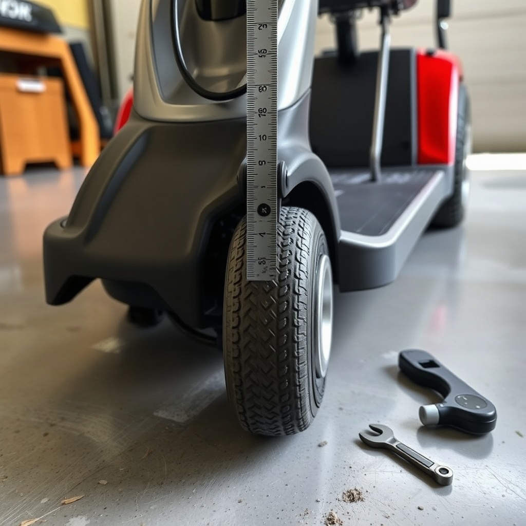 A photorealistic close-up of a Drive Medical Scout mobility scooter's steering column and