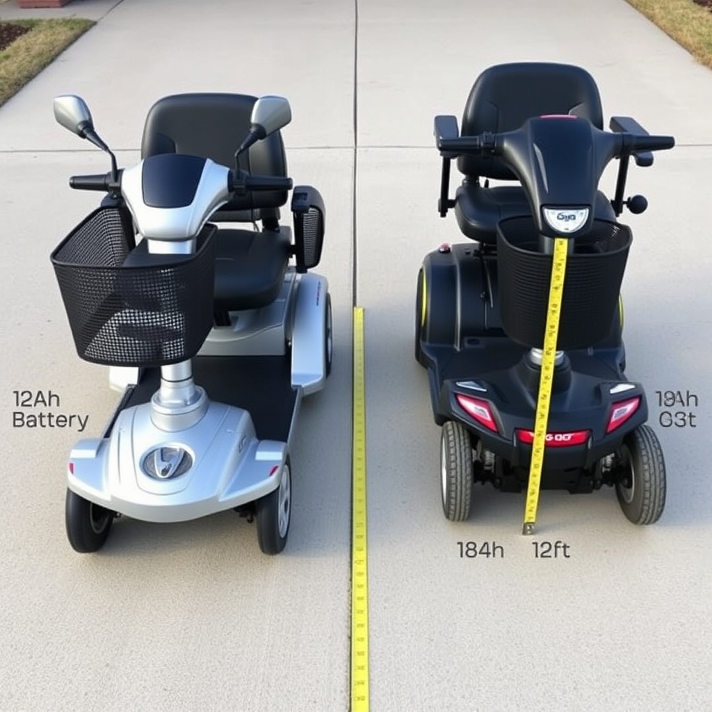A photorealistic side-by-side comparison of a silver Go-Go Elite Traveller with a 12Ah bat