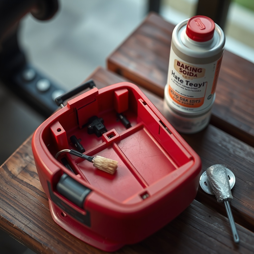 A photorealistic close-up of a Go-Go Elite Traveller's battery compartment open