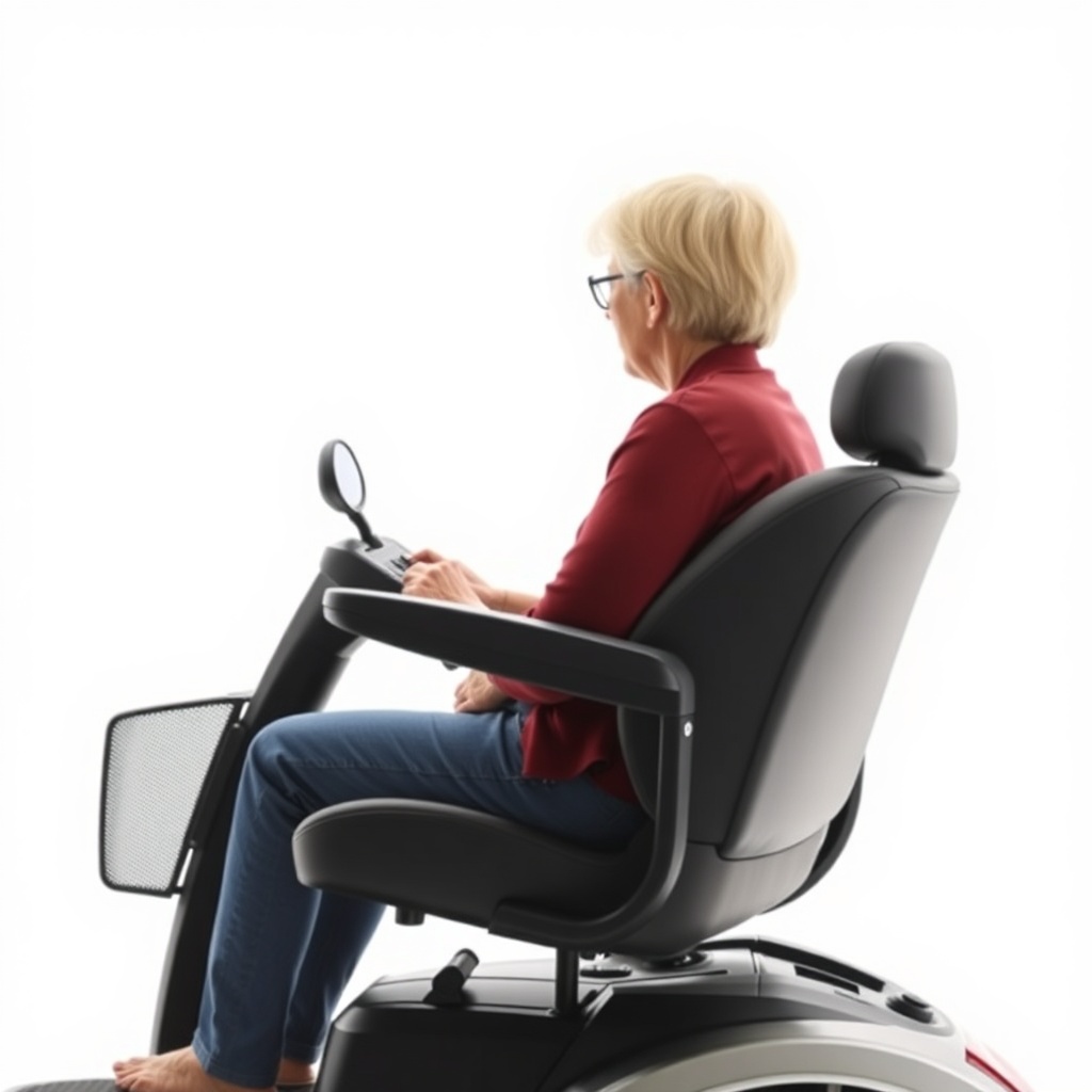 A photorealistic photo of a Pride Mobility Go-Go Elite Traveller with a rider seated