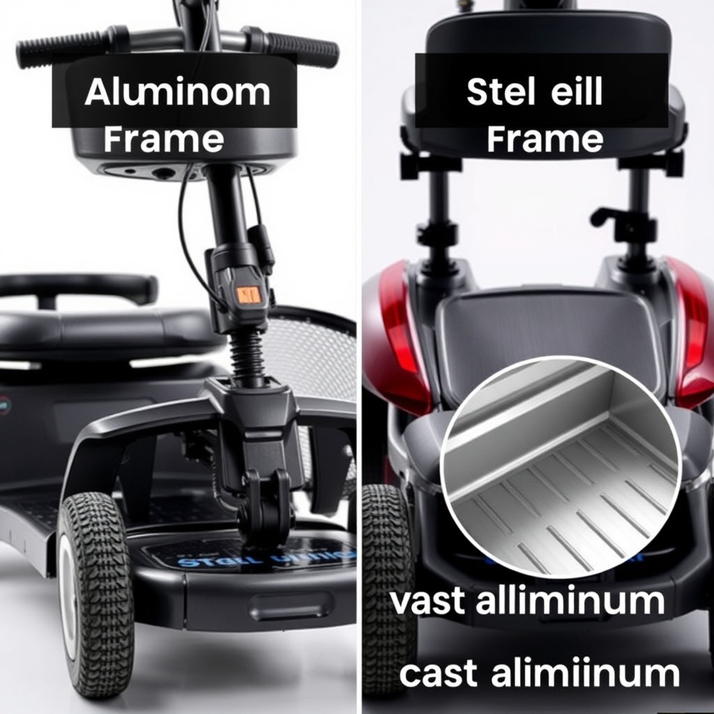 A split photo showing two mobility scooters side-by-side: one with an aluminum frame label