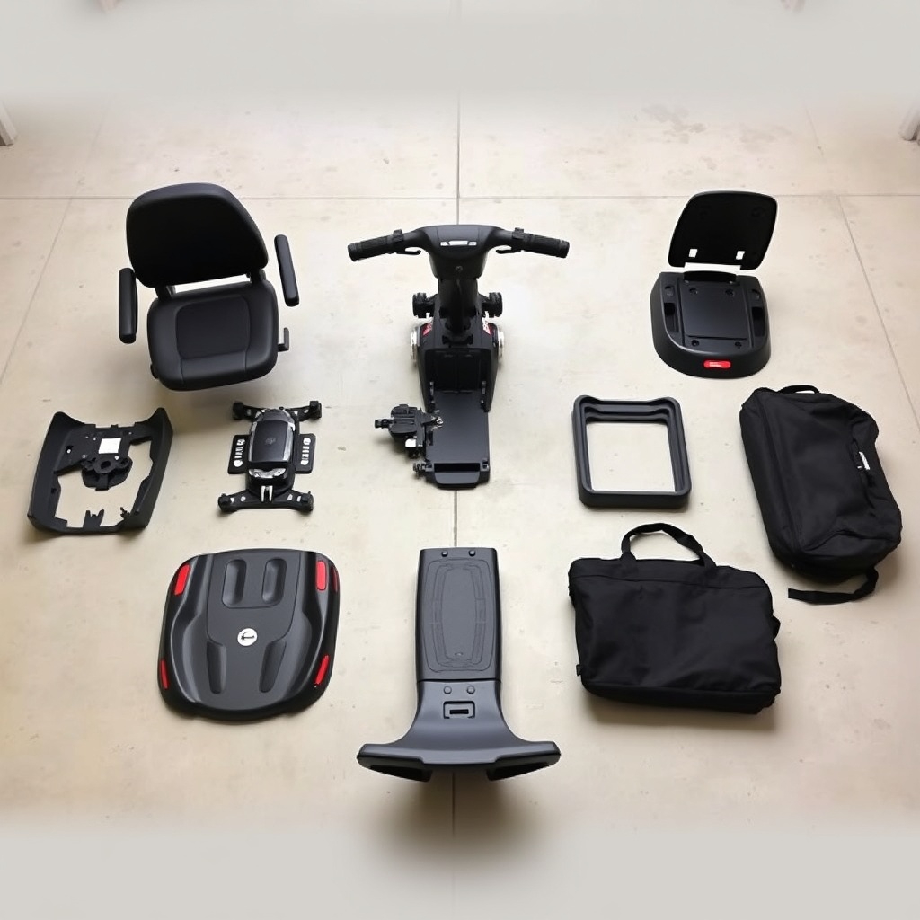 A clean photorealistic photo showing the five disassembled pieces of a Go-Go Elite Travell