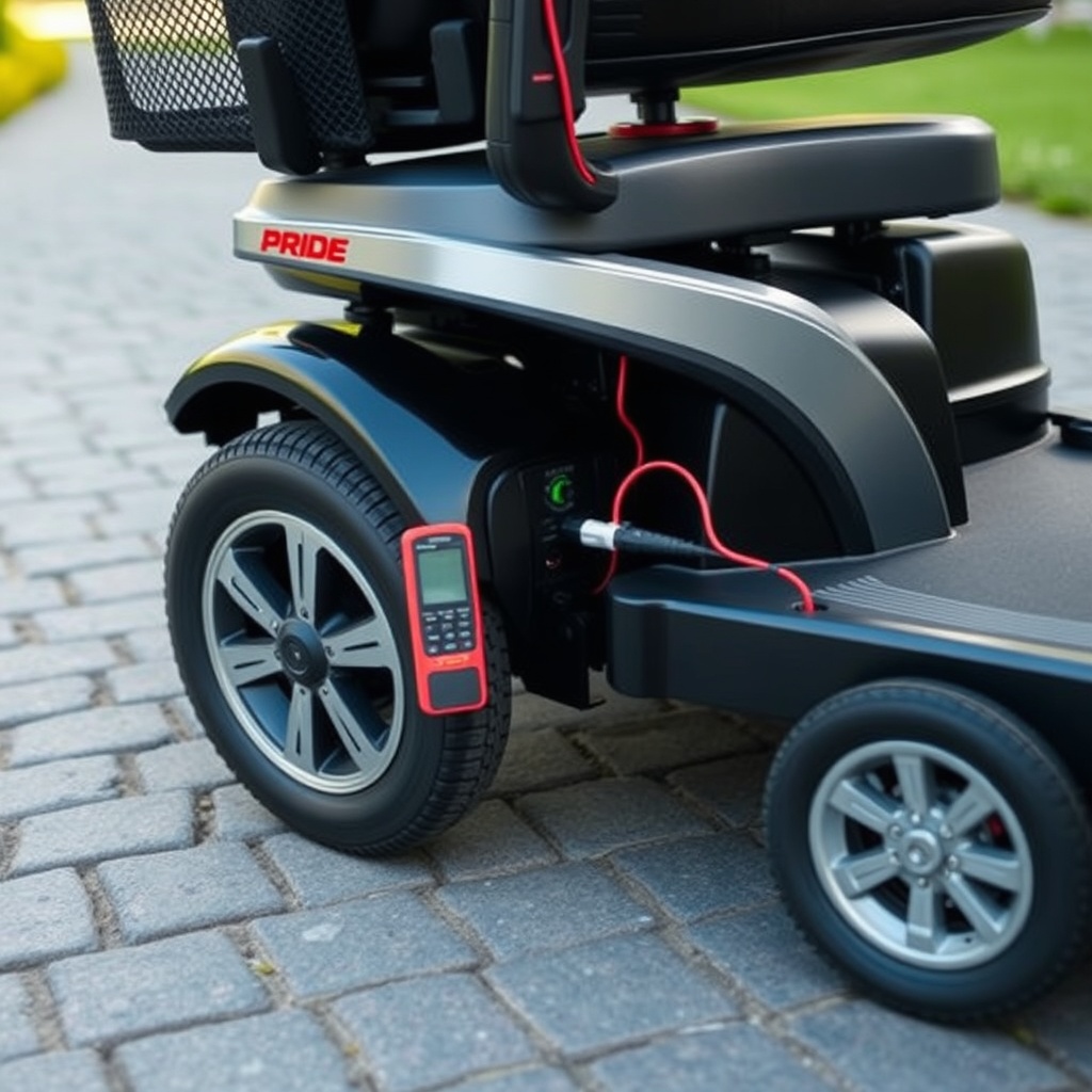 A photorealistic side-angled shot of a Pride Mobility Go-Go Elite Traveller on a paved dri