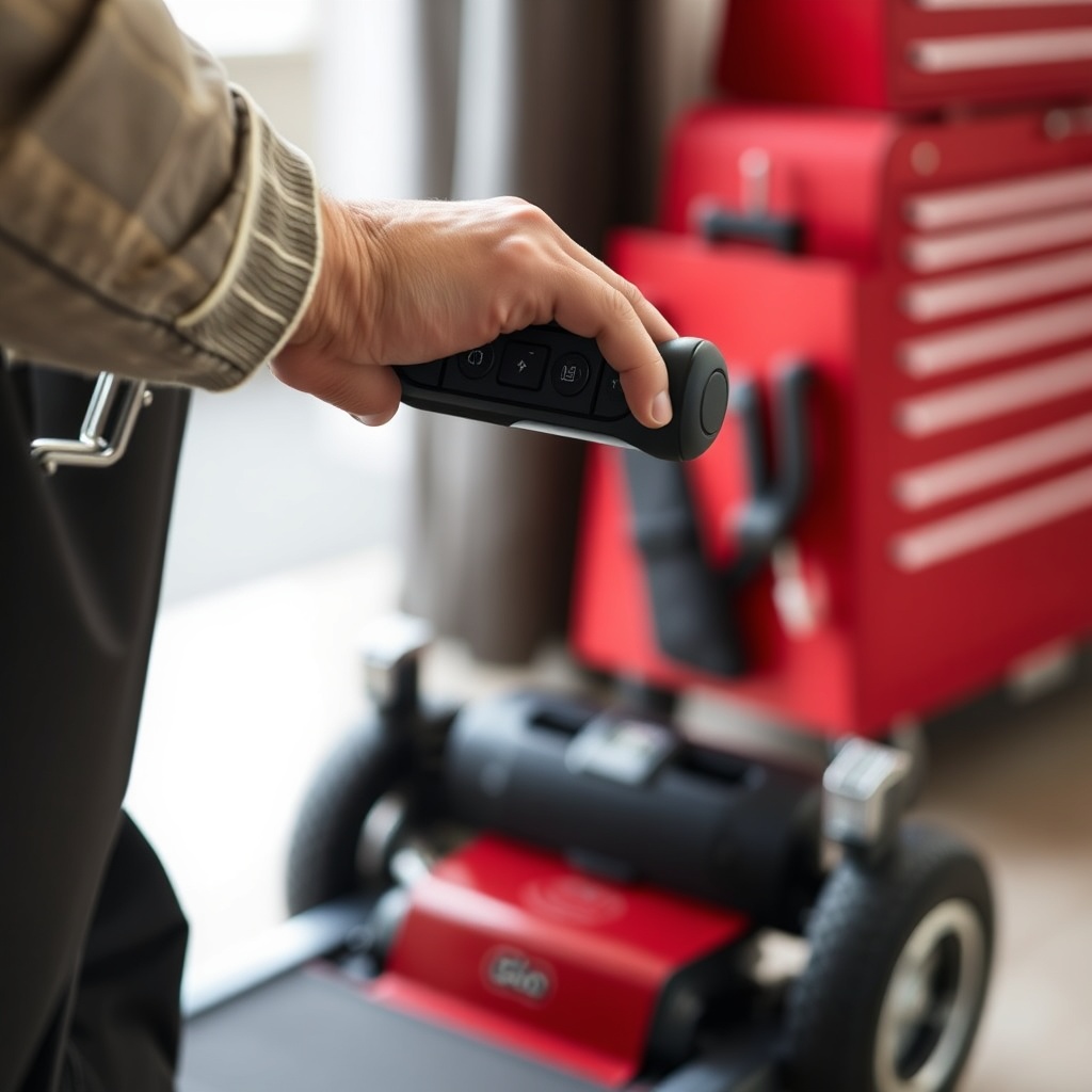 A photorealistic close-up of a user’s hand pressing the tiller controls on a Go-Go Elite T
