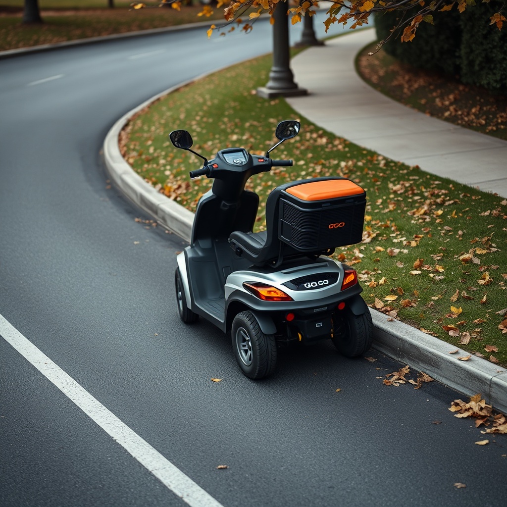 A photorealistic outdoor shot of the Go-Go Elite Traveller climbing a gentle asphalt incli