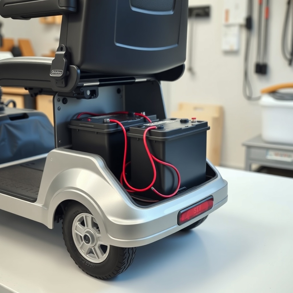 A photorealistic side view of a Golden Technologies Buzzaround mobility scooter with its b