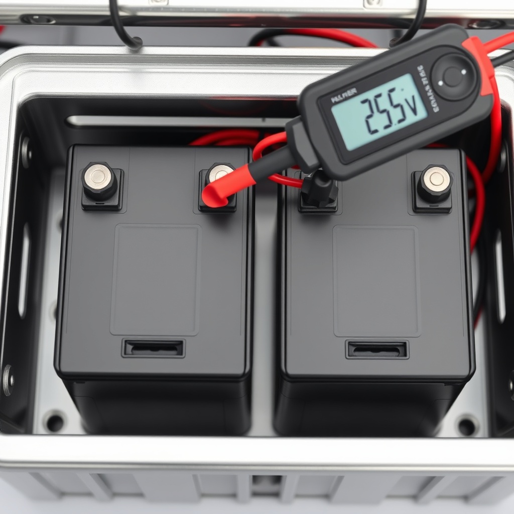 A photorealistic close-up of two new SLA batteries placed side by side in a metal battery