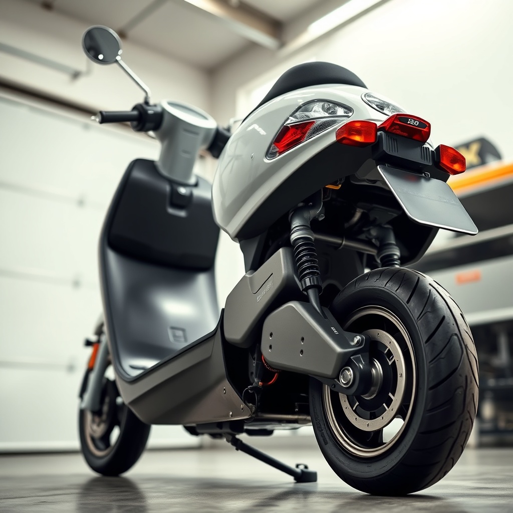 A clean photorealistic photo showing the Buzzaround scooter from a low angle