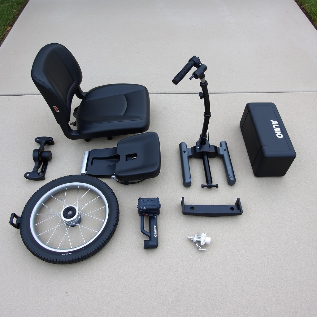 A photorealistic photo of the Buzzaround taken apart into its four main sections: seat