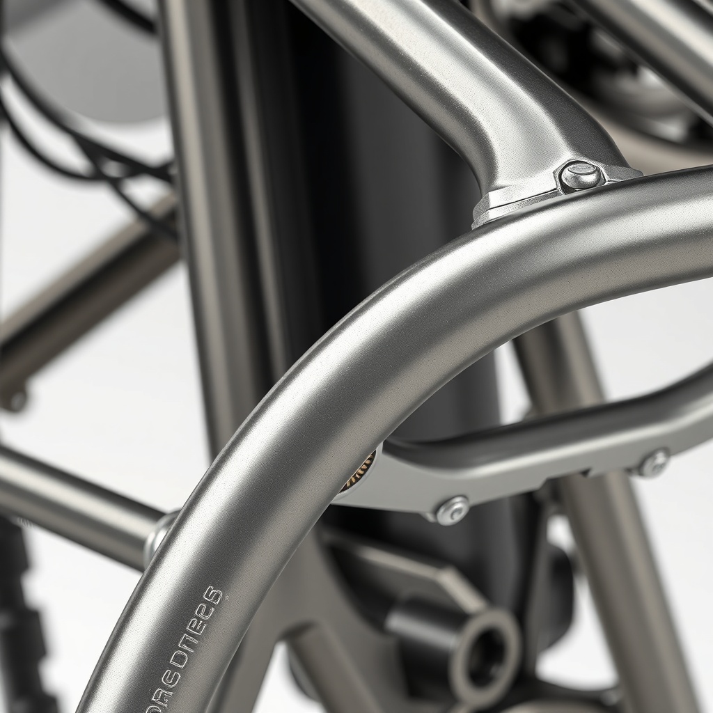 Photorealistic close-up shot of the Golden Technologies Buzzaround frame's steel tubing an