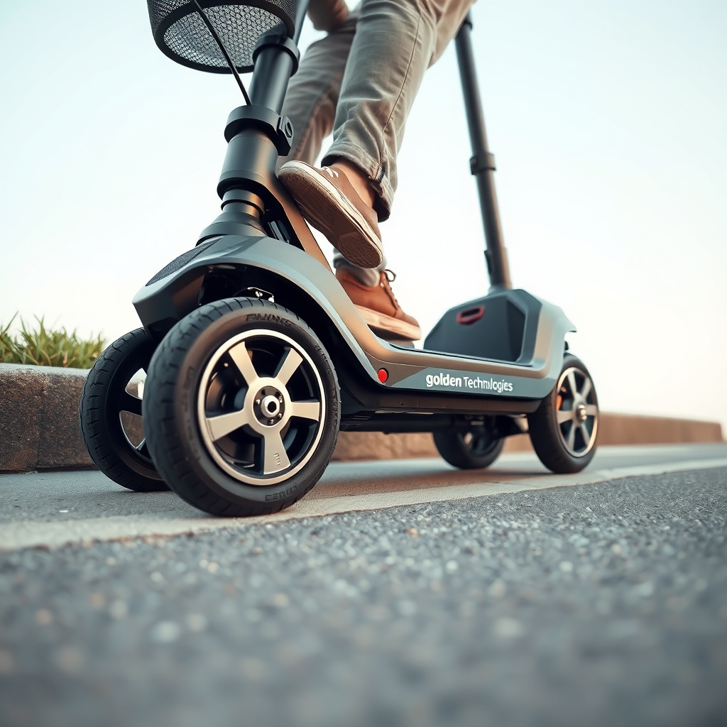 Photorealistic wide-angle shot of a Golden Technologies Buzzaround scooter on a curb