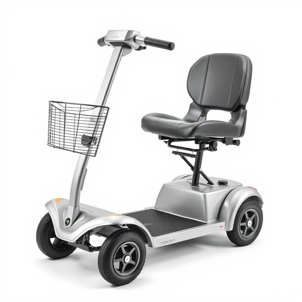 A clean photorealistic photo of a Golden Technologies Buzzaround mobility scooter frame wi