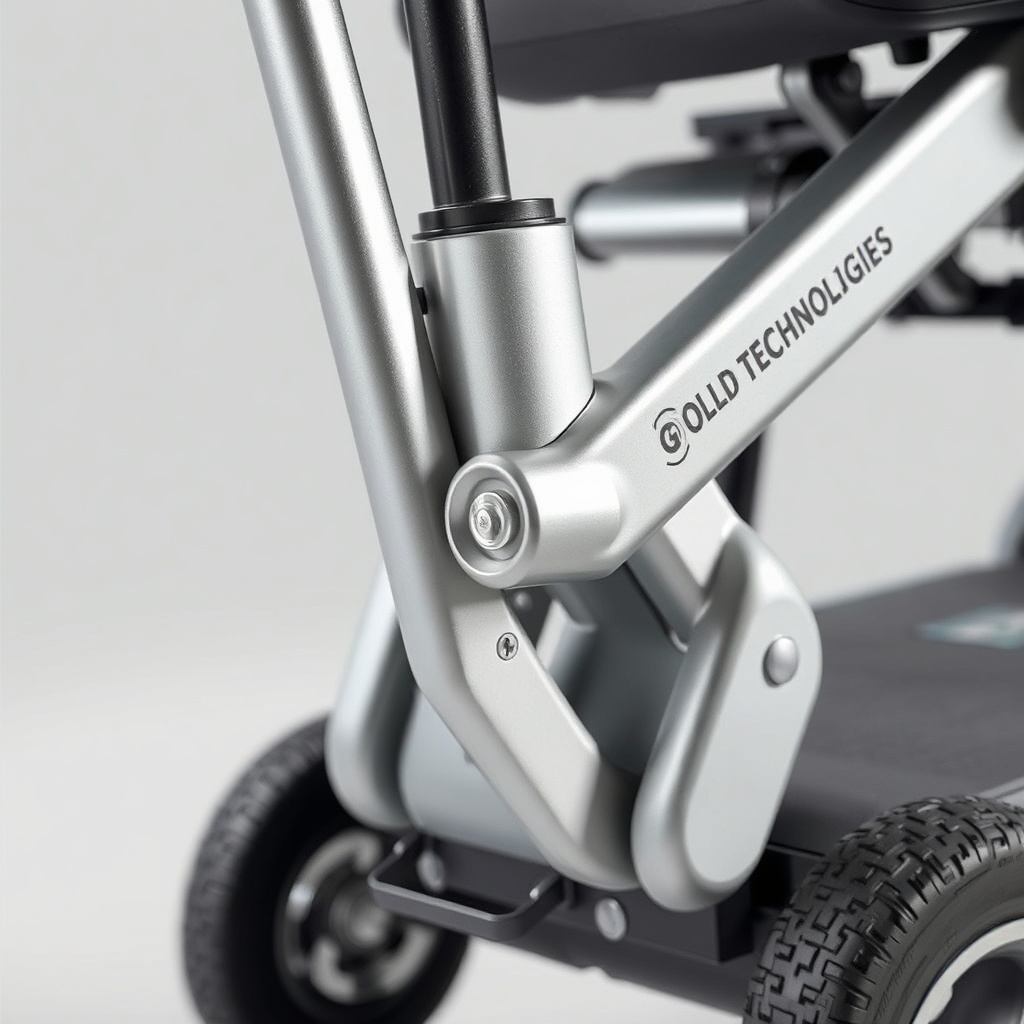 A clean photorealistic photo of a Golden Technologies Buzzaround mobility scooter folded i