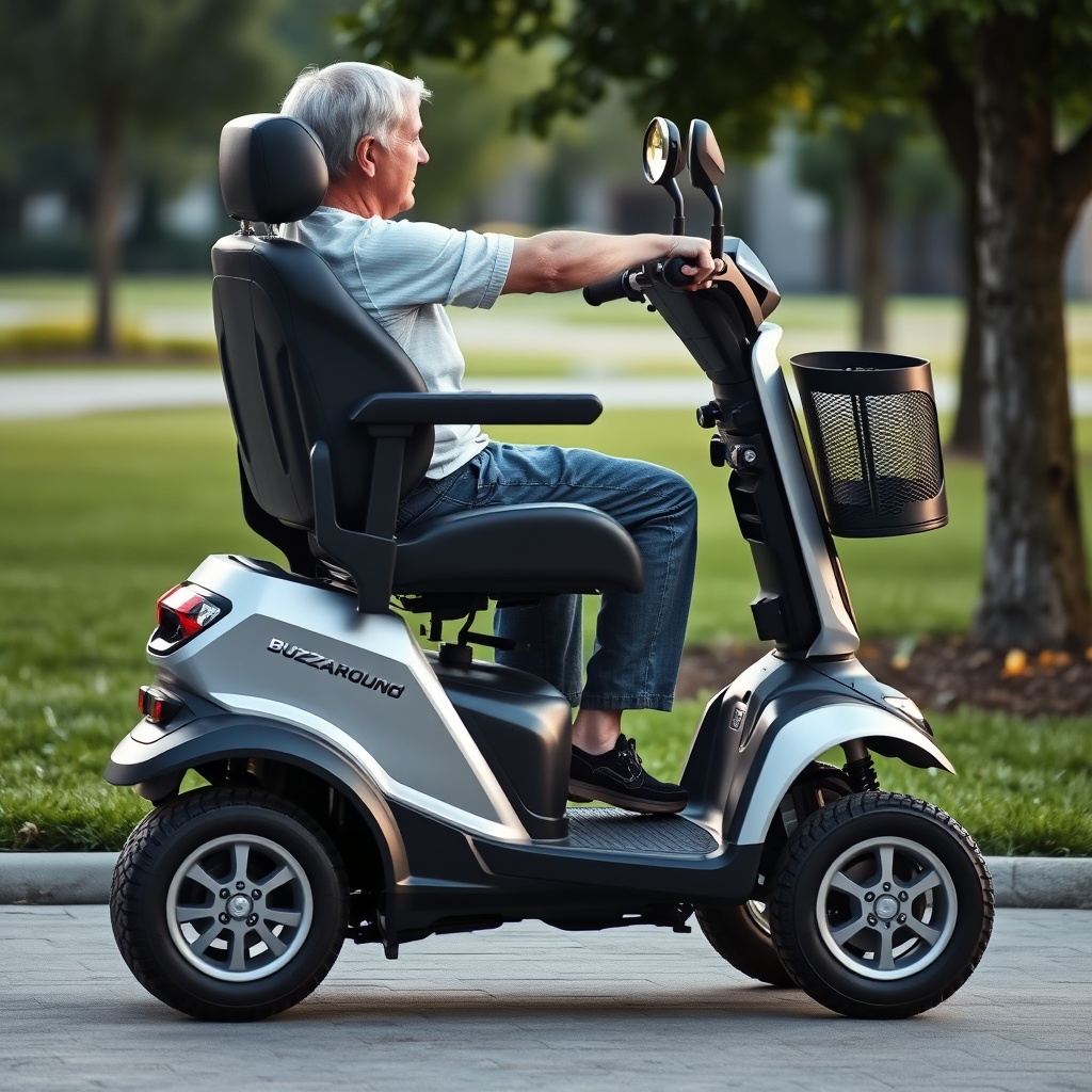 A clean photorealistic photo of a Golden Technologies Buzzaround mobility scooter in an ou
