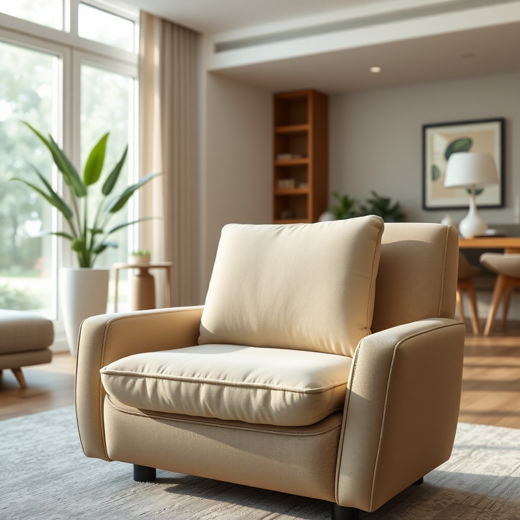 <a Golden Technologies Buzzaround with its stock seat cushion in a well-lit living room