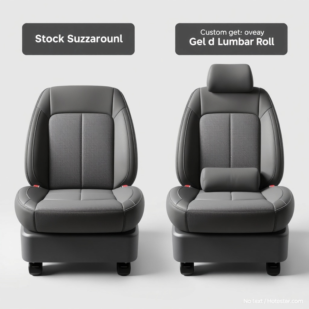 <a side-by-side comparison of a stock Buzzaround seat and a custom seat with gel overlay a