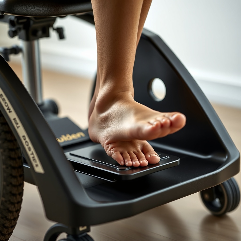 A photorealistic close-up of a Golden Technologies Buzzaround seat base with a rider’s leg