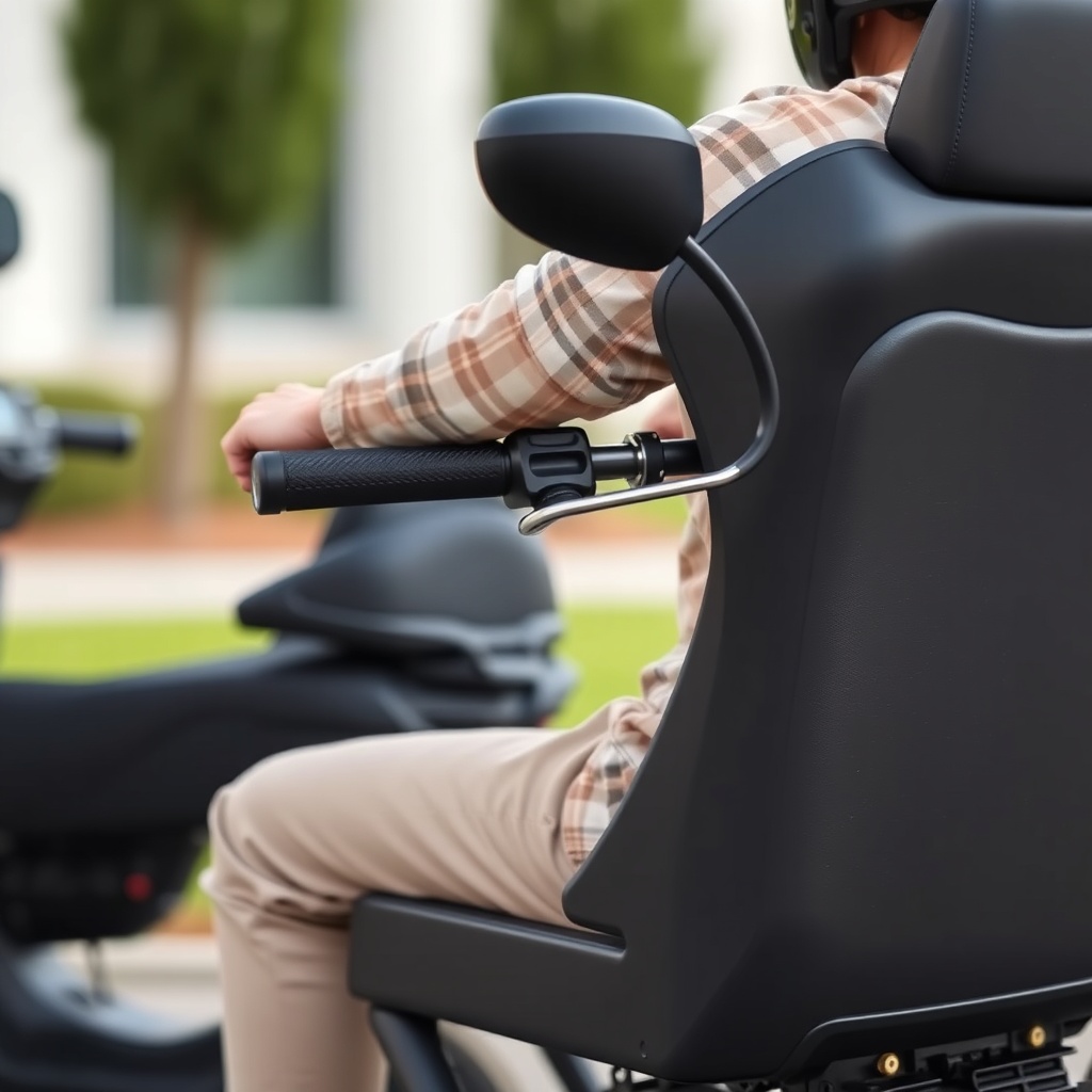 A photorealistic side view of a Golden Technologies Buzzaround with a rider seated
