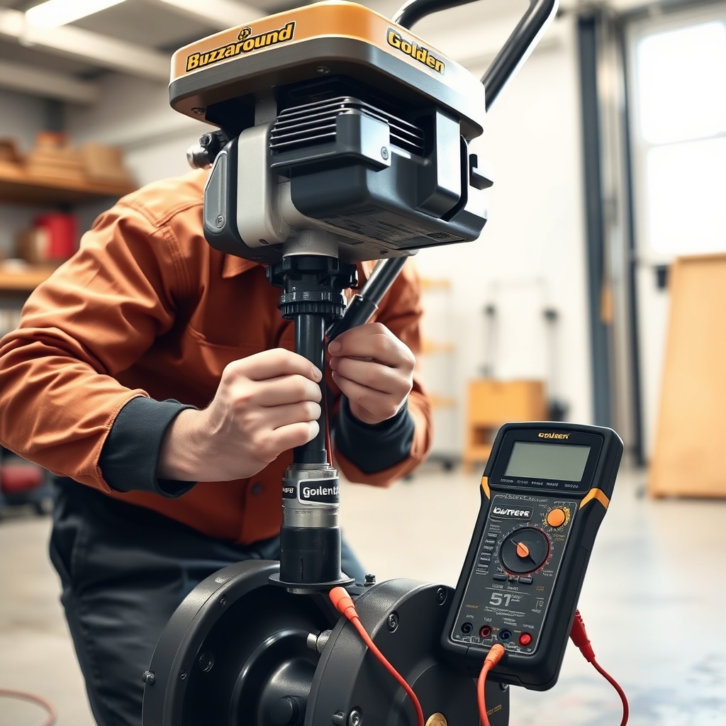 A photorealistic photo of a technician inspecting the throttle cable connection at the bas