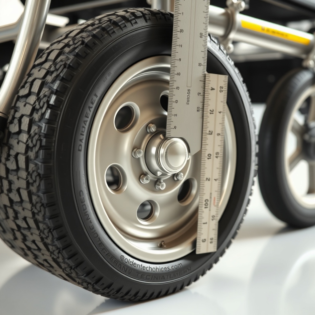 A photorealistic close-up photo showing a Golden Technologies Buzzaround front tire and ti