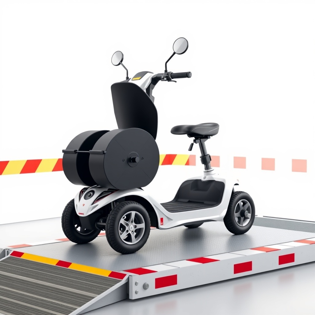A clean photorealistic photo of a Golden Technologies Buzzaround scooter on a test ramp wi