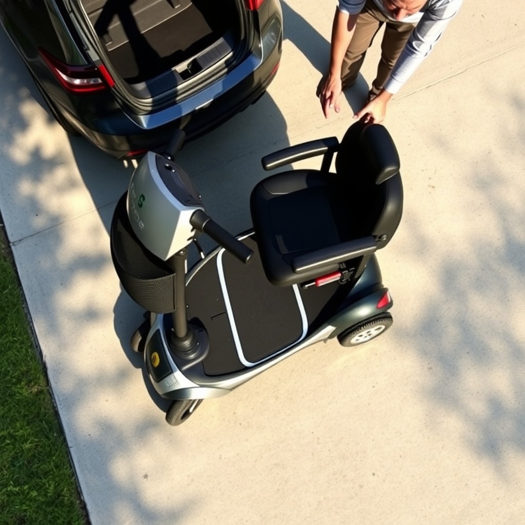 A clean overhead view of a Pride Mobility Go-Go Elite Traveller scooter parked on a flat d