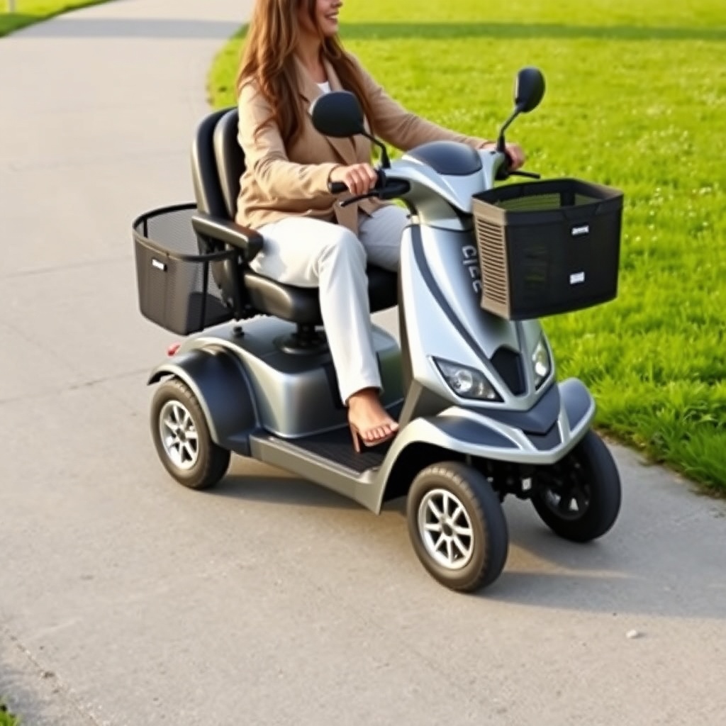 A clean photorealistic photo of a silver Pride Mobility Go-Go Elite Traveller being ridden
