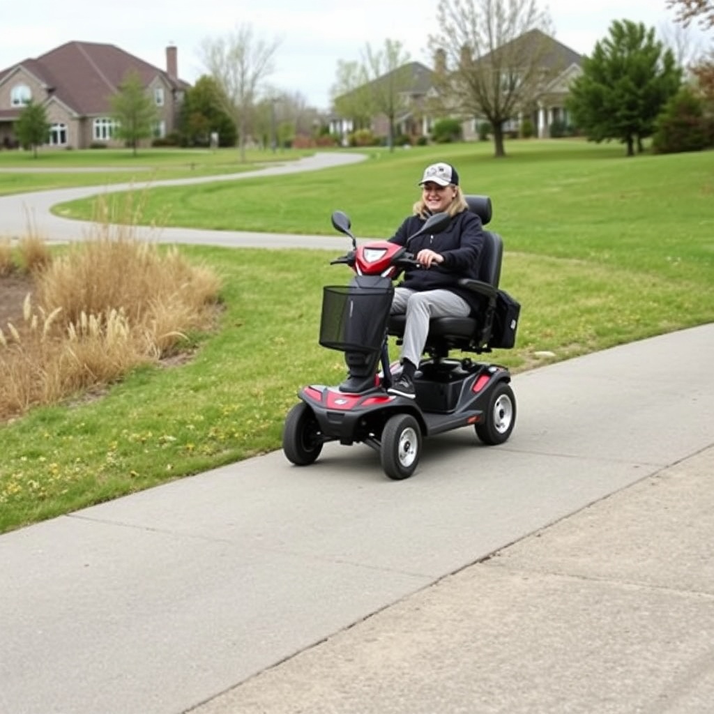 A clean photorealistic photo of a Pride Mobility Go-Go Elite Traveller on a gentle sloped