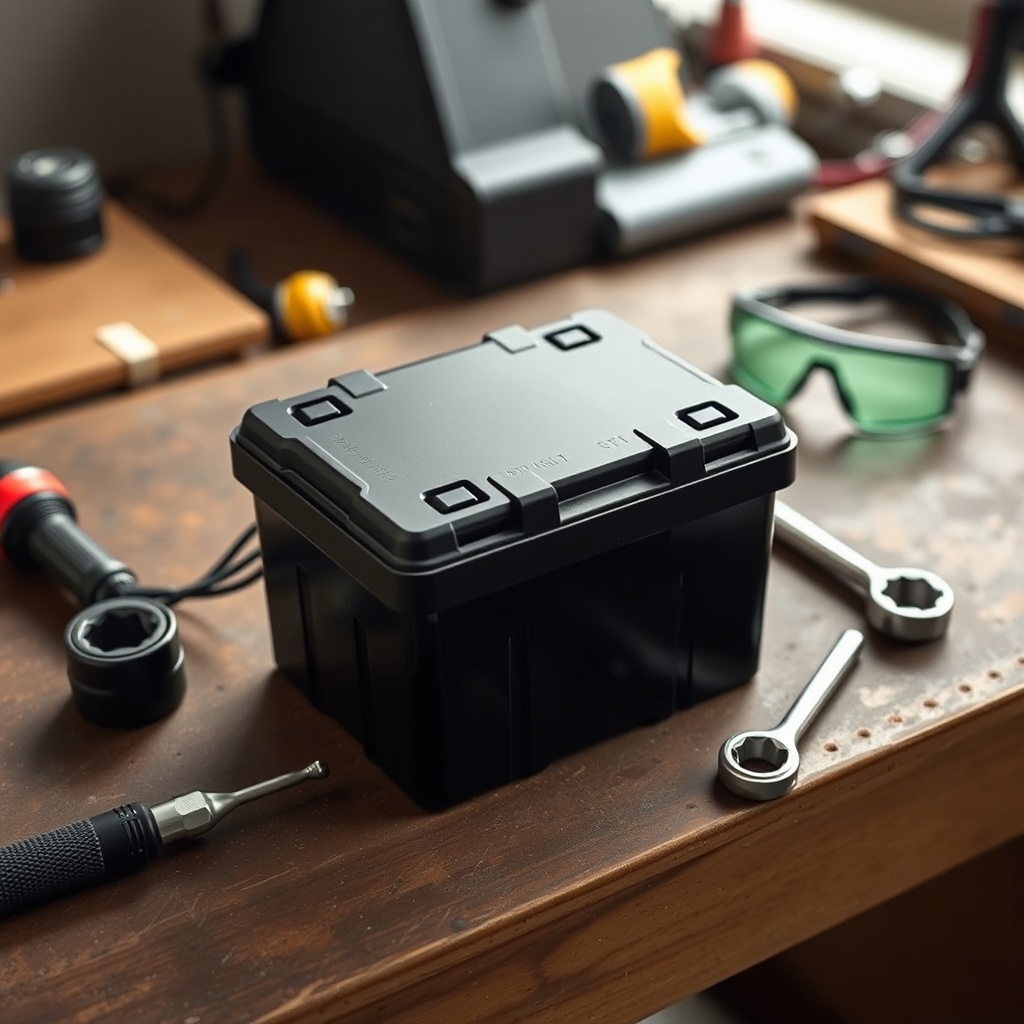 <clean photorealistic photo of a Pride Mobility Go-Go Elite Traveller battery pack placed