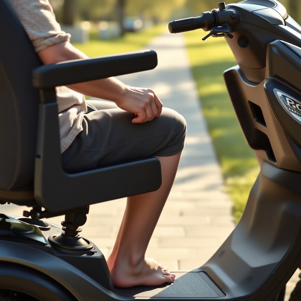 <clean photorealistic photo of a user sitting on a Pride Mobility Go-Go Elite Traveller sc