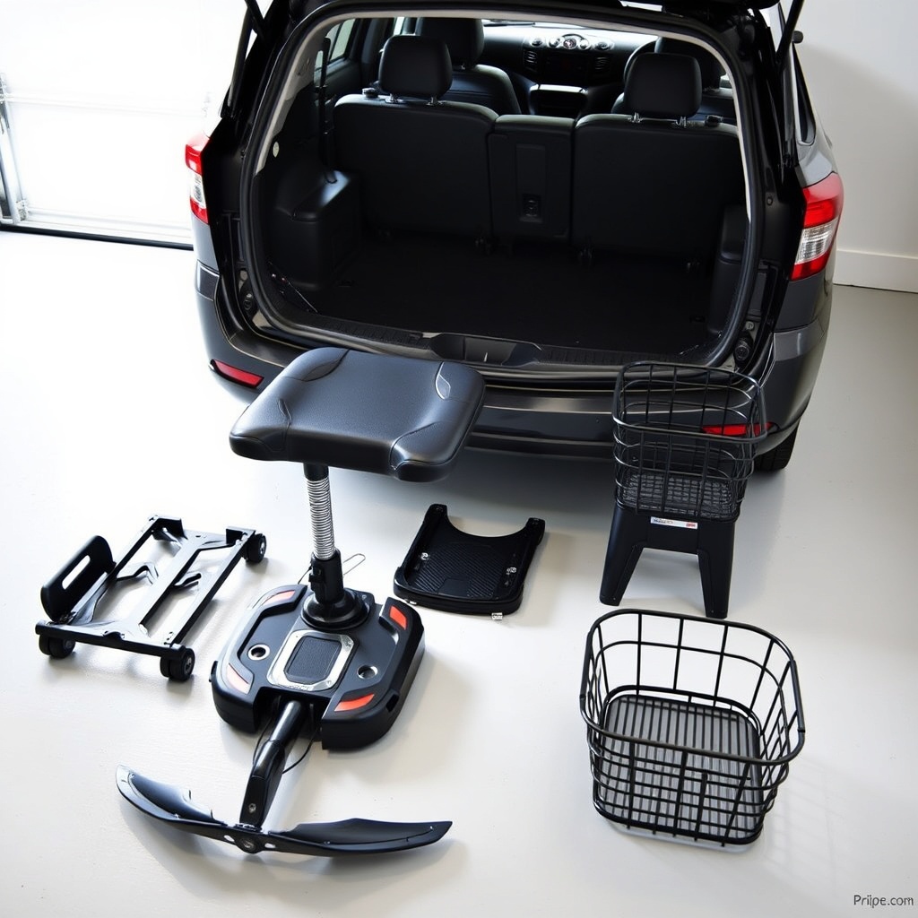 A photorealistic photo of the Pride Mobility Go-Go Elite Traveller disassembled into its f