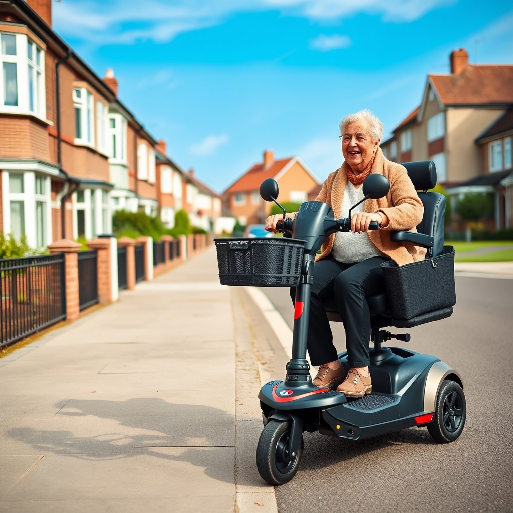 A photorealistic photo of a senior person smiling while riding the Pride Mobility Go-Go El