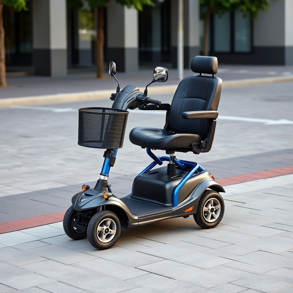 A clean photorealistic photo of a Pride Mobility Go-Go Elite Traveller scooter parked on a