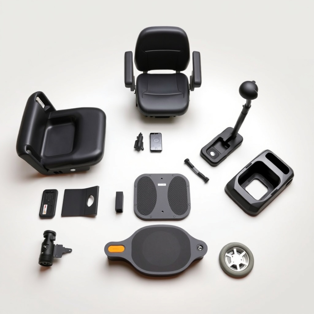 A clean photorealistic photo of the Pride Mobility Go-Go Elite Traveller disassembled into