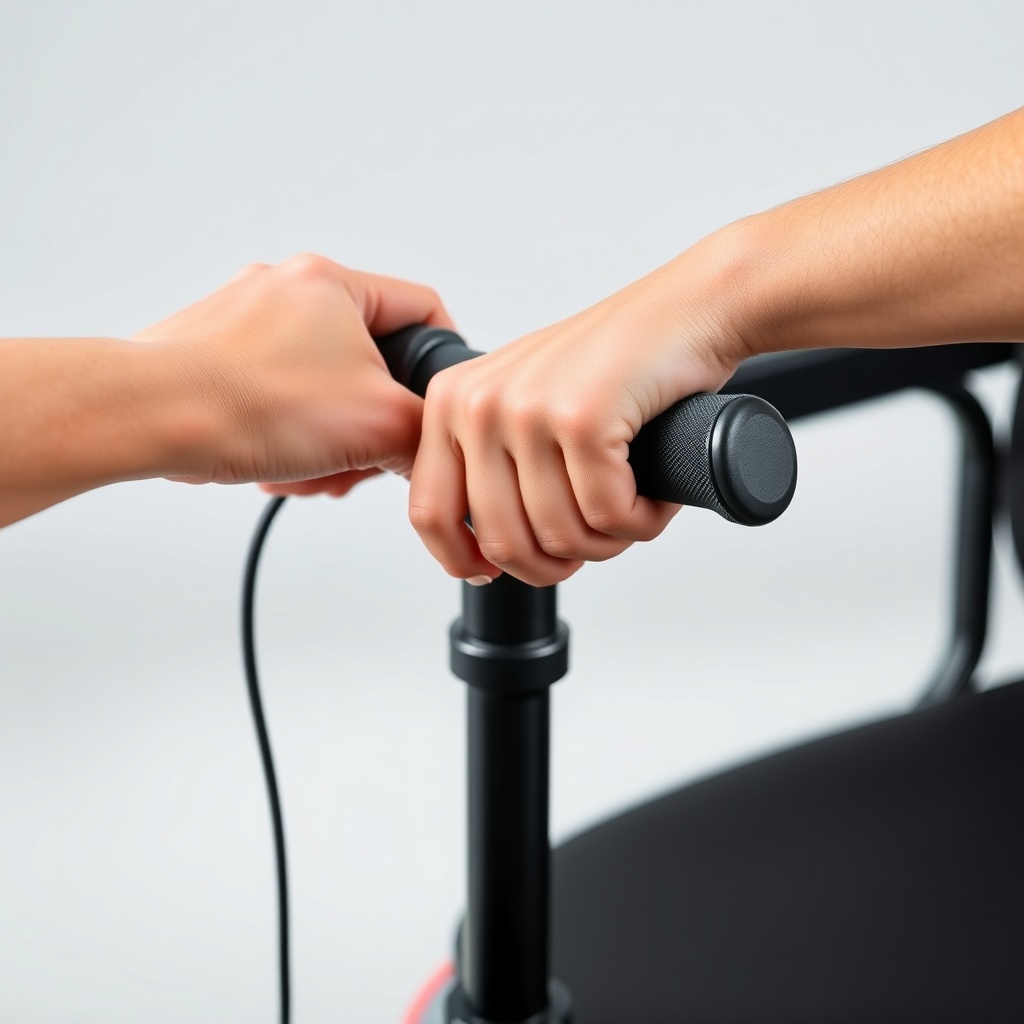 A clean photorealistic photo of hands gripping a Go-Go Elite Traveller tiller