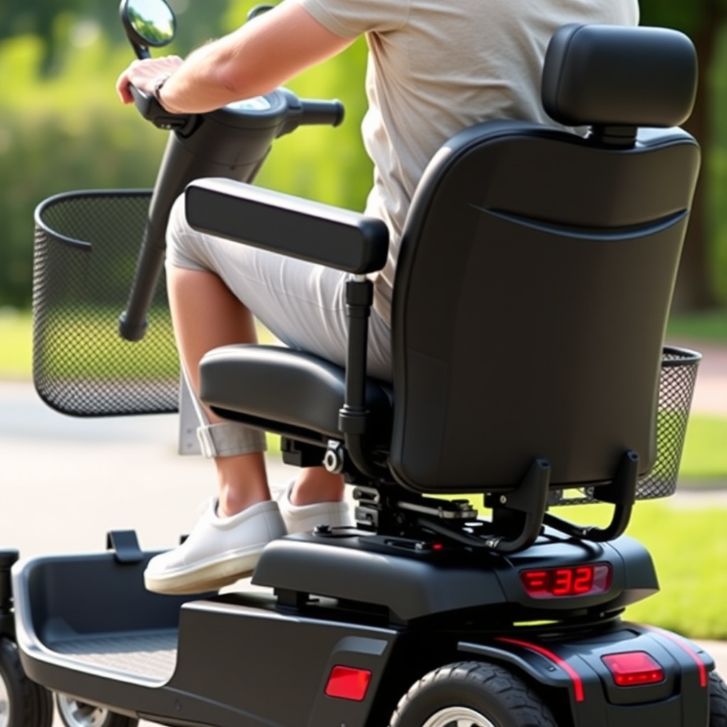 <A clean photorealistic photo showing a rider seated on a Pride Mobility Go-Go Elite Trave